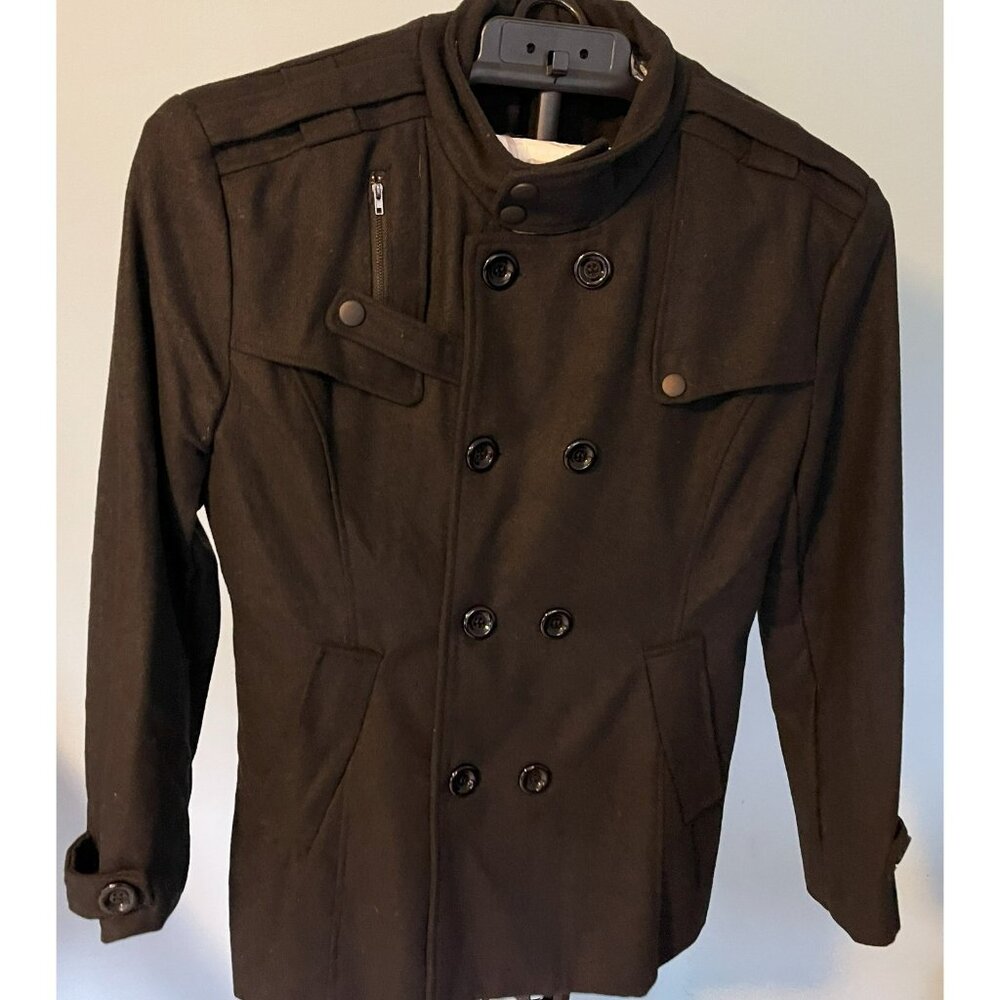 Mens Black Pea Coat Slim Fit by Running Jeans Size XL Wide Lapels M300